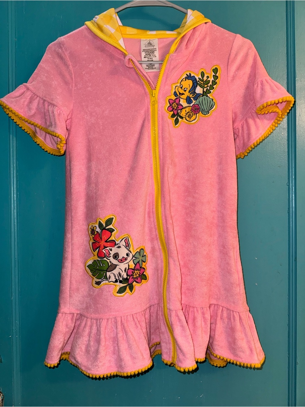 Disney Pink Hooded Short-Sleeve Zip Terry Coverup with Yellow Trim
